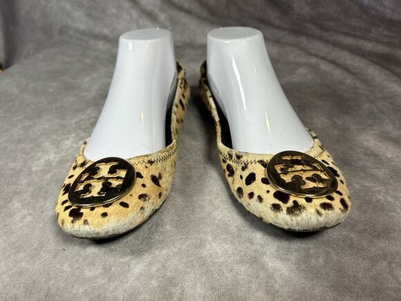 Tory Burch Shoes - Tory Burch Reva Leopard Haircalf Ballet Flats Gold Logo Womens 6